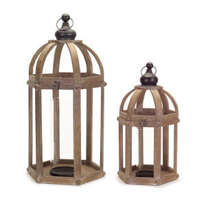 Homeroots Set Of Two Brown Wood And Glass Floor Lantern Candle Holders   517576