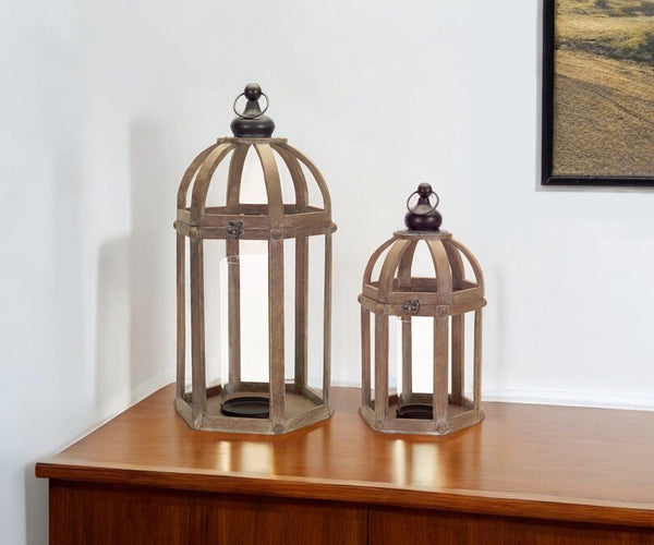 Homeroots Set Of Two Brown Wood And Glass Floor Lantern Candle Holders   517576