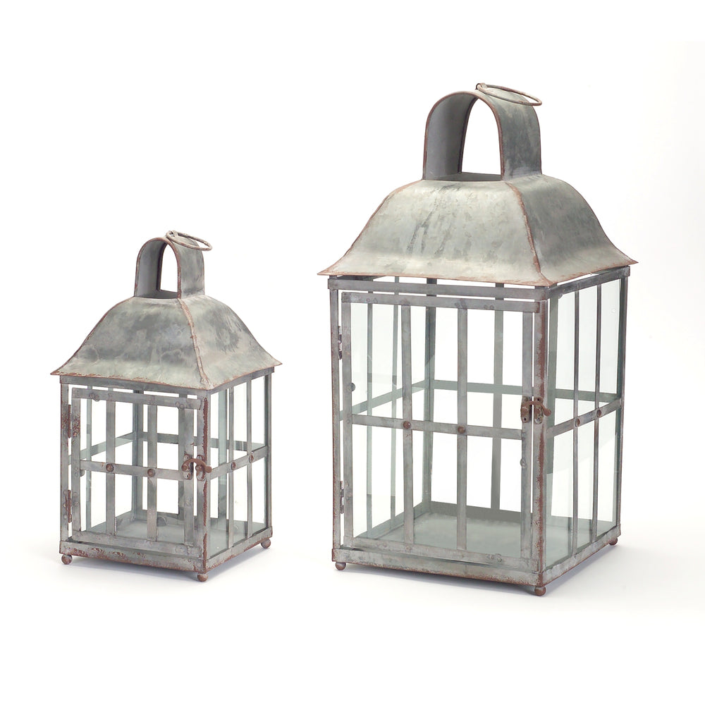 Homeroots Set Of Two Gray Glass And Galvanized Metal Geometric Tabletop Lantern Candle Holders   517577