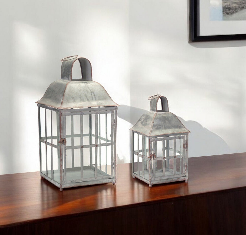 Homeroots Set Of Two Gray Glass And Galvanized Metal Geometric Tabletop Lantern Candle Holders   517577