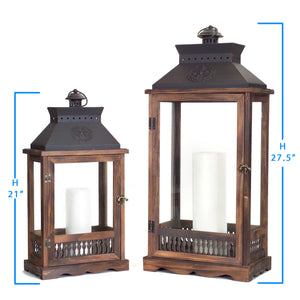 Homeroots Set Of Two Brown And Black Wood And Metal Rustic Floor Lantern Candle Holders   517578