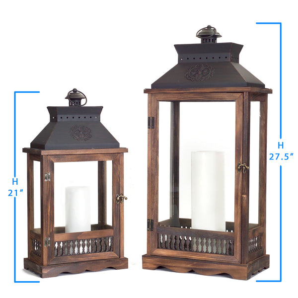 Homeroots Set Of Two Brown And Black Wood And Metal Rustic Floor Lantern Candle Holders   517578