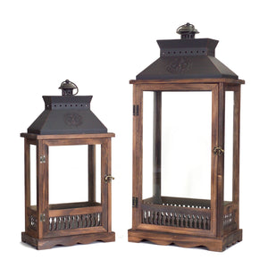 Homeroots Set Of Two Brown And Black Wood And Metal Rustic Floor Lantern Candle Holders   517578