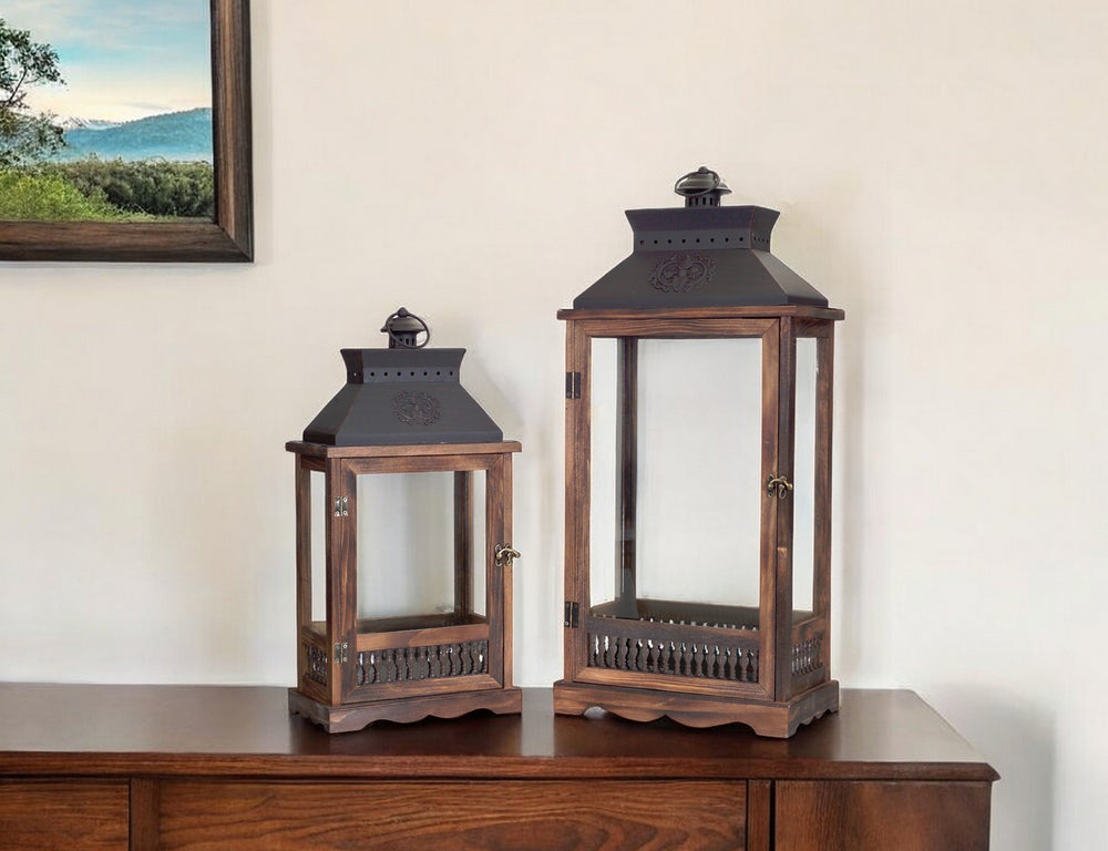 Homeroots Set Of Two Brown And Black Wood And Metal Rustic Floor Lantern Candle Holders   517578