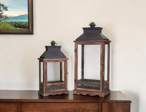 Homeroots Set Of Two Brown And Black Wood And Metal Rustic Floor Lantern Candle Holders   517578