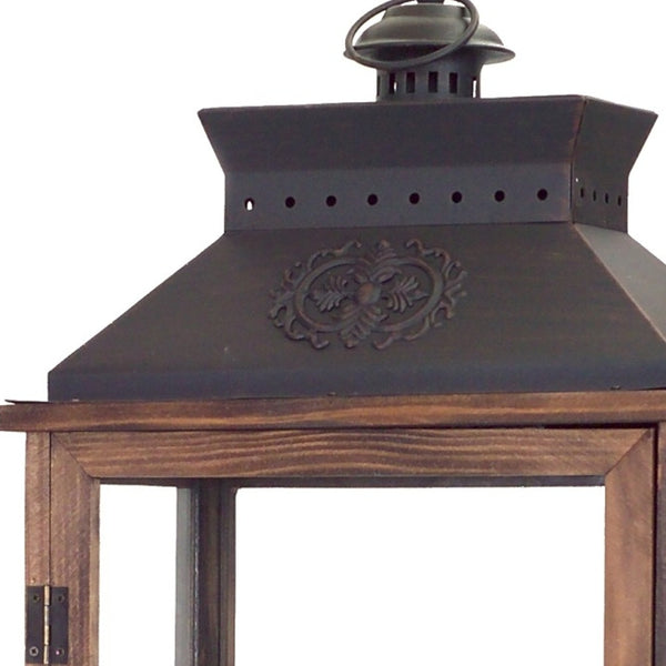 Homeroots Set Of Two Brown And Black Wood And Metal Rustic Floor Lantern Candle Holders   517578