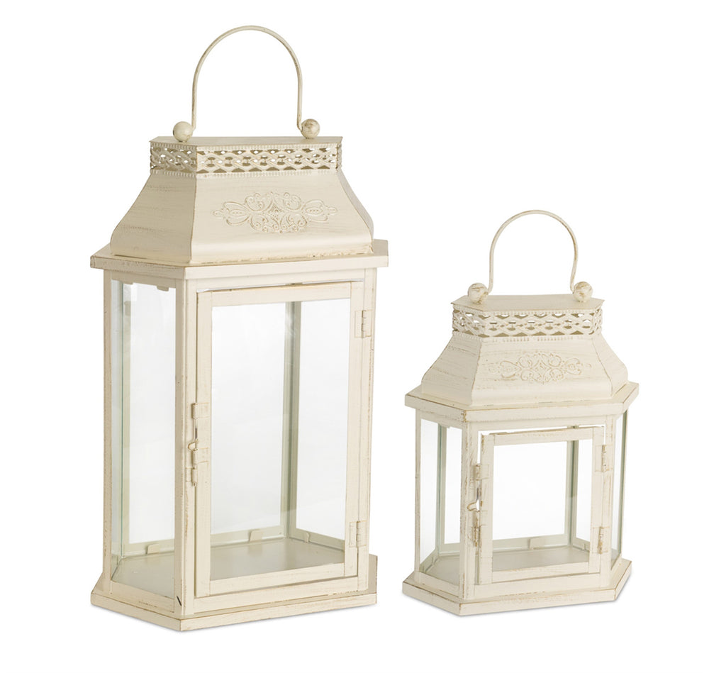 Homeroots Set Of Two Ivory Metal Filigree Floor Lantern Candle Holders   517583