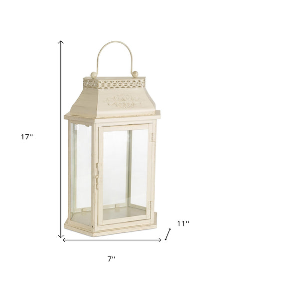 Homeroots Set Of Two Ivory Metal Filigree Floor Lantern Candle Holders   517583