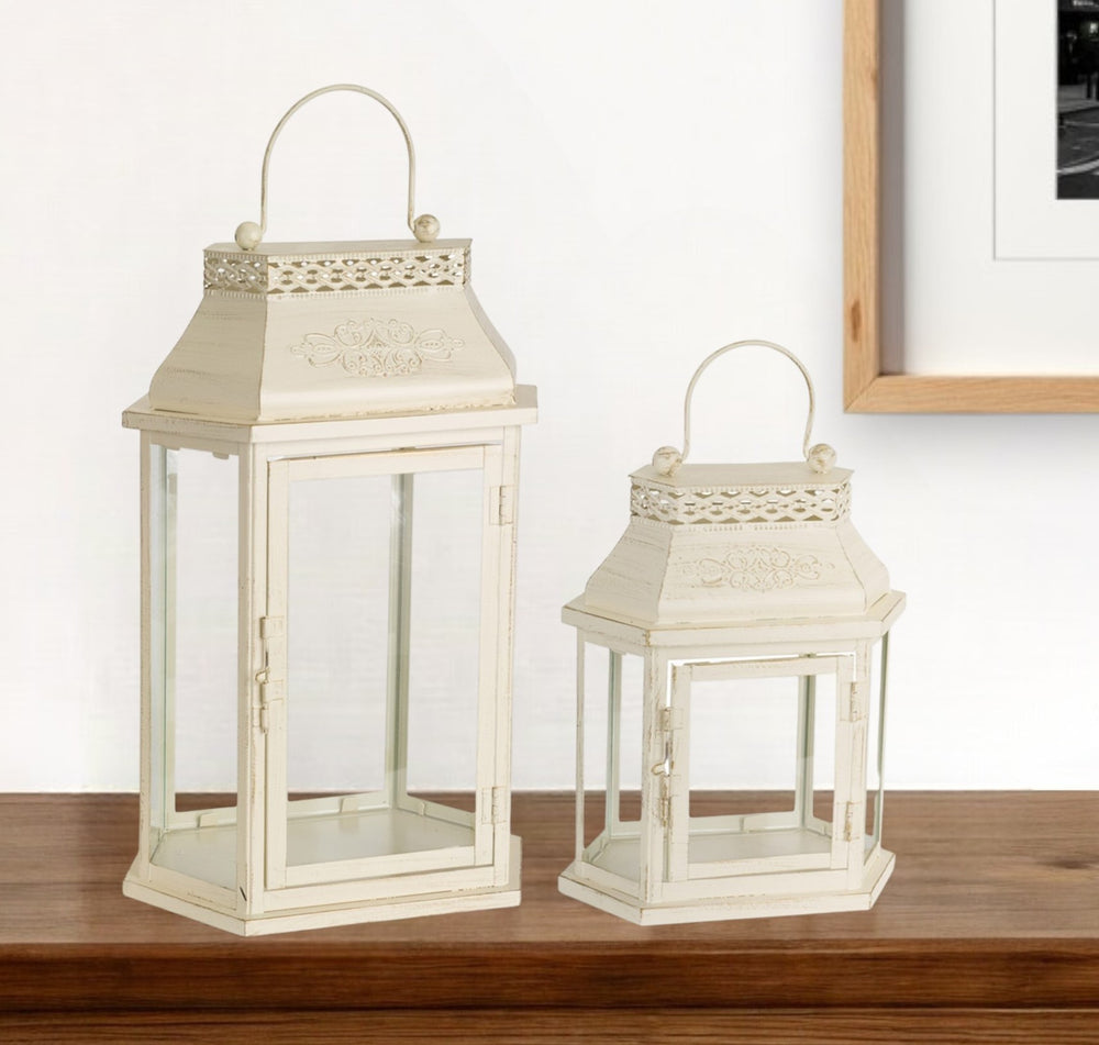 Homeroots Set Of Two Ivory Metal Filigree Floor Lantern Candle Holders   517583
