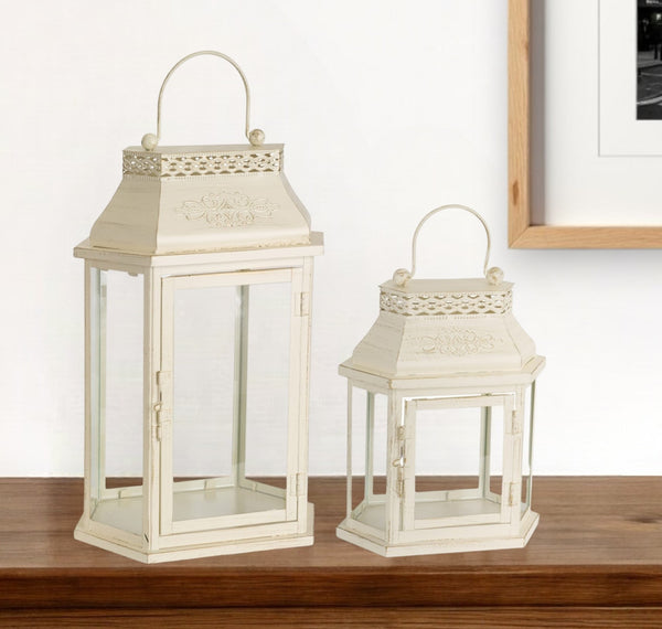 Homeroots Set Of Two Ivory Metal Filigree Floor Lantern Candle Holders   517583