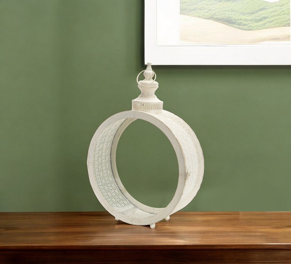 Homeroots 22" Ivory Glass And Metal Ornate Centerpiece Lantern Candle Holder   517584