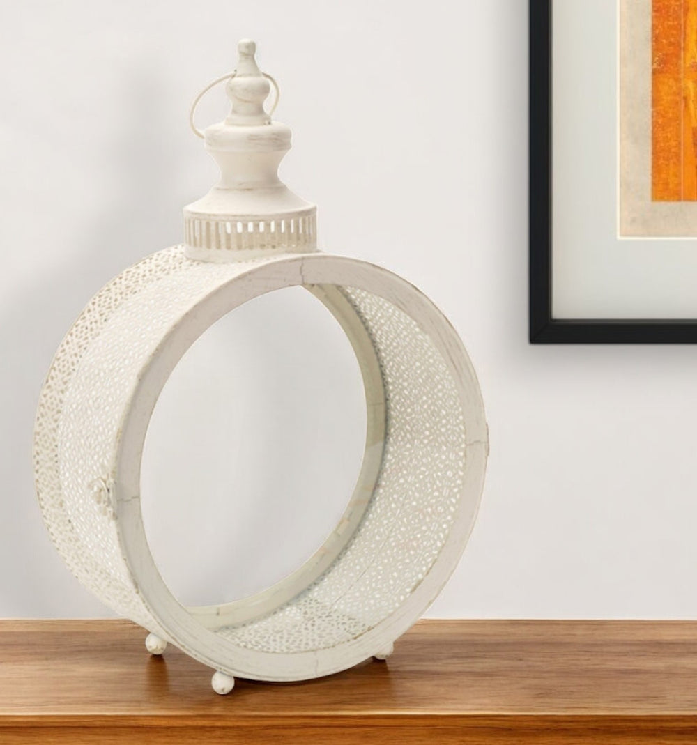 Homeroots 18" Ivory Metal Ornate Floor Lantern Candle Holder   517586