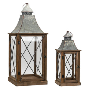 Homeroots Set Of Two Brown Black And Gray Wood And Galvanized Metal Lattice Floor Lantern Candle Holders   517587