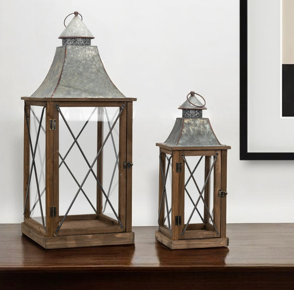 Homeroots Set Of Two Brown Black And Gray Wood And Galvanized Metal Lattice Floor Lantern Candle Holders   517587
