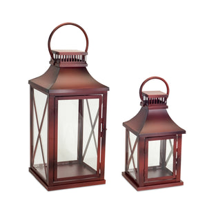 Homeroots Set Of Two Red Glass And Metal Geometric Floor Lantern Candle Holders   517588
