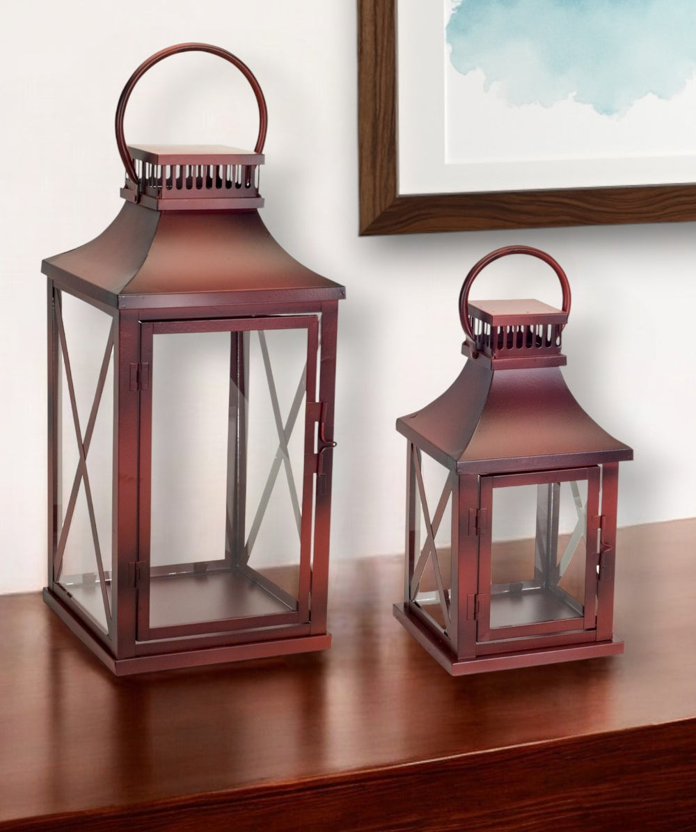 Homeroots Set Of Two Red Glass And Metal Geometric Floor Lantern Candle Holders   517588