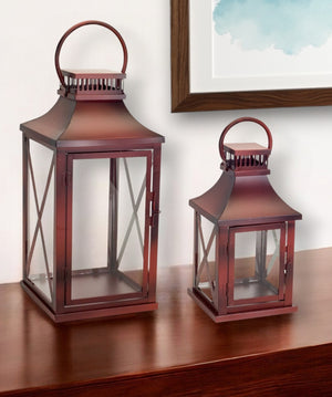 Homeroots Set Of Two Red Glass And Metal Geometric Floor Lantern Candle Holders   517588