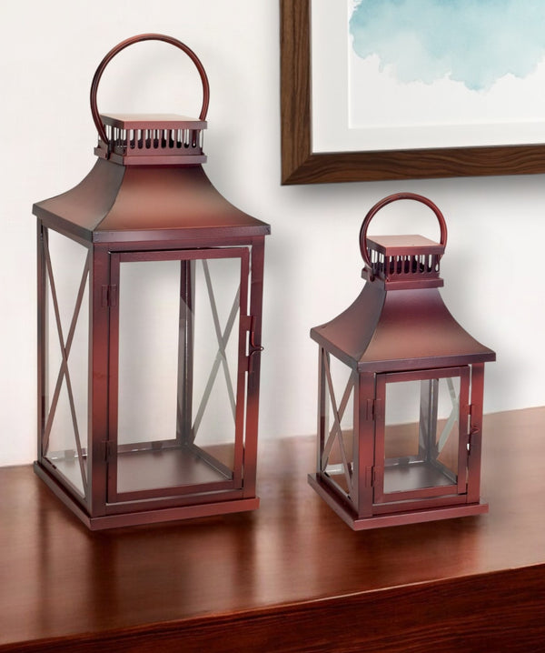 Homeroots Set Of Two Red Glass And Metal Geometric Floor Lantern Candle Holders   517588