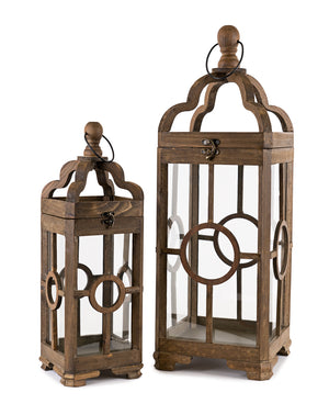 Homeroots Set Of Two Brown Solid Wood Ornate Tabletop Lantern Candle Holders   517590