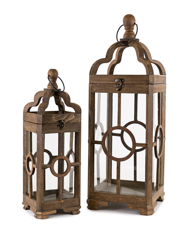 Homeroots Set Of Two Brown Solid Wood Ornate Tabletop Lantern Candle Holders   517590