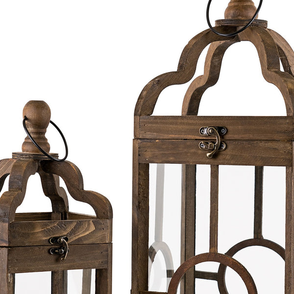 Homeroots Set Of Two Brown Solid Wood Ornate Tabletop Lantern Candle Holders   517590