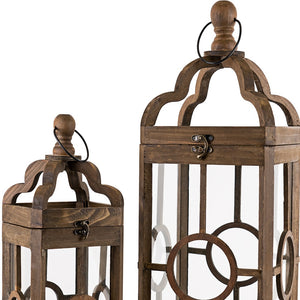 Homeroots Set Of Two Brown Solid Wood Ornate Tabletop Lantern Candle Holders   517590