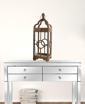 Homeroots Set Of Two Brown Solid Wood Ornate Tabletop Lantern Candle Holders   517590