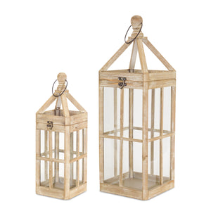 Homeroots Set Of Two Natural And Clear Wood And Glass Floor Lantern Candle Holders   517591