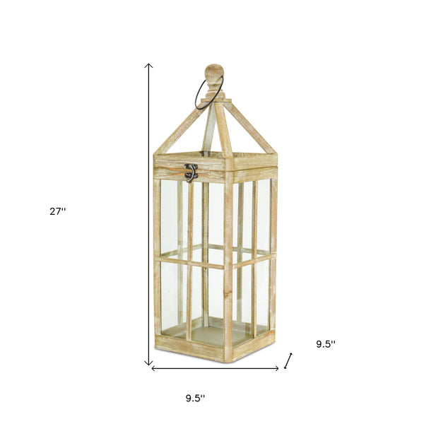 Homeroots Set Of Two Natural And Clear Wood And Glass Floor Lantern Candle Holders   517591