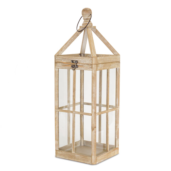 Homeroots Set Of Two Natural And Clear Wood And Glass Floor Lantern Candle Holders   517591