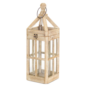 Homeroots Set Of Two Natural And Clear Wood And Glass Floor Lantern Candle Holders   517591