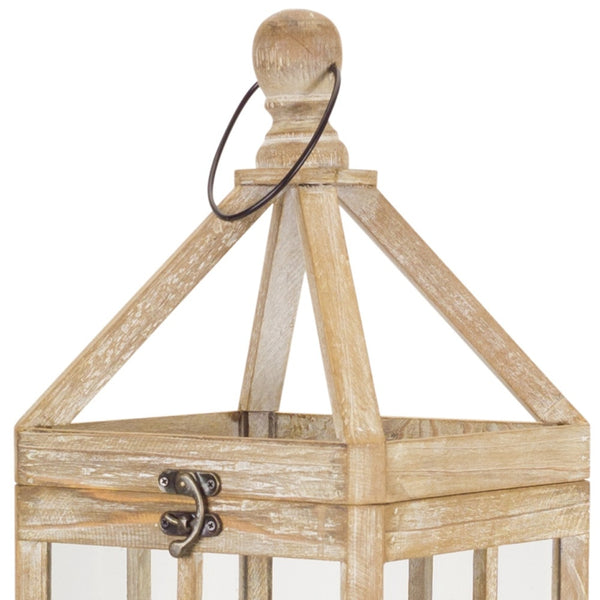 Homeroots Set Of Two Natural And Clear Wood And Glass Floor Lantern Candle Holders   517591