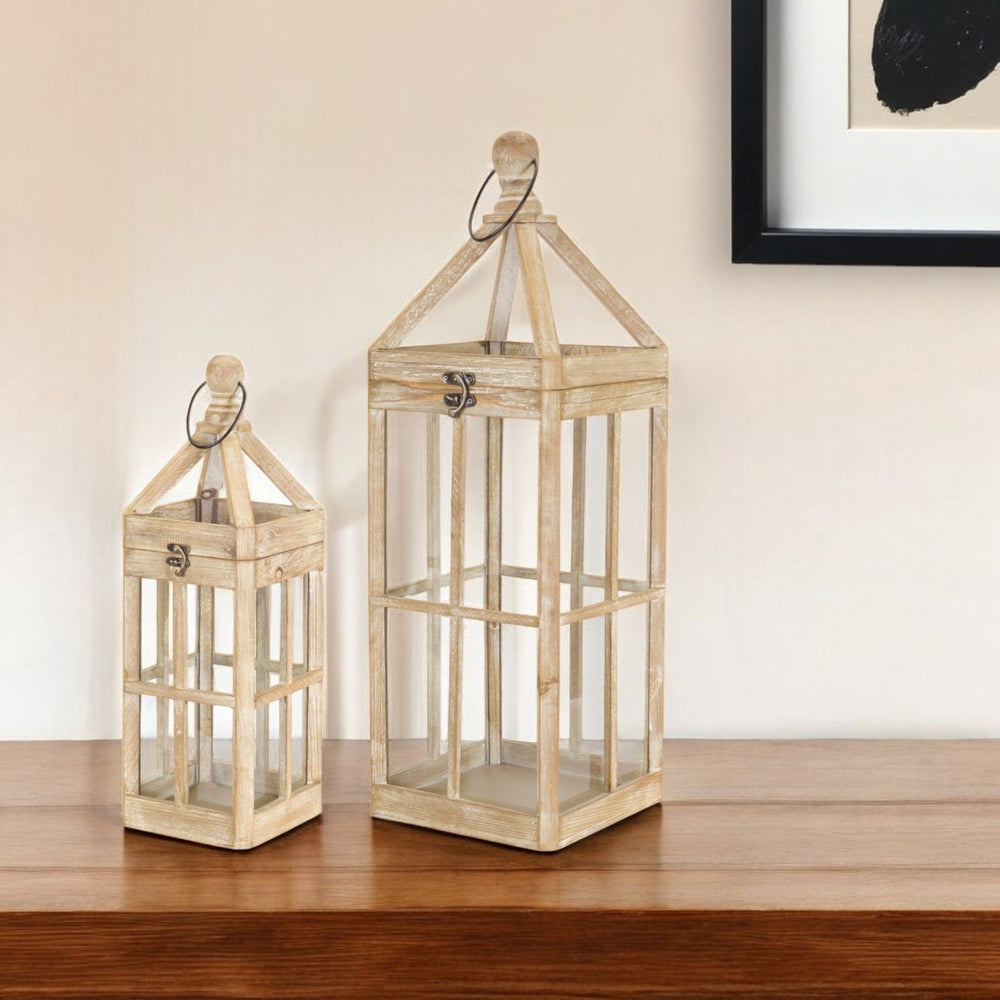 Homeroots Set Of Two Natural And Clear Wood And Glass Floor Lantern Candle Holders   517591