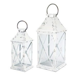 Homeroots Set Of Two White Glass And Metal Lattice Floor Lantern Candle Holders   517593