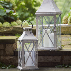 Homeroots Set Of Two White Glass And Metal Lattice Floor Lantern Candle Holders   517593