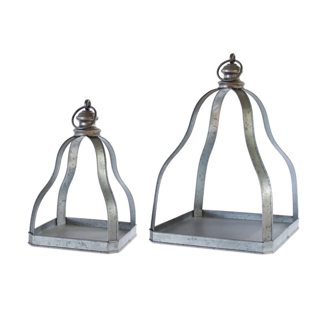 Homeroots Set Of Two Gray Galvanized Metal Tabletop Lantern Candle Holders   517594