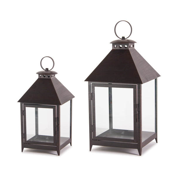 Homeroots Set Of Two Black Iron And Glass Geometric Floor Lantern Candle Holders   517596