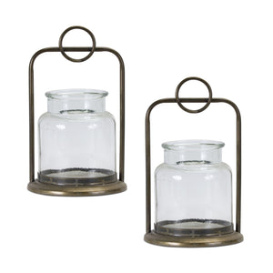 Homeroots Set Of Two Bronze Glass And Metal Tabletop Hurricane Candle Holders   517598