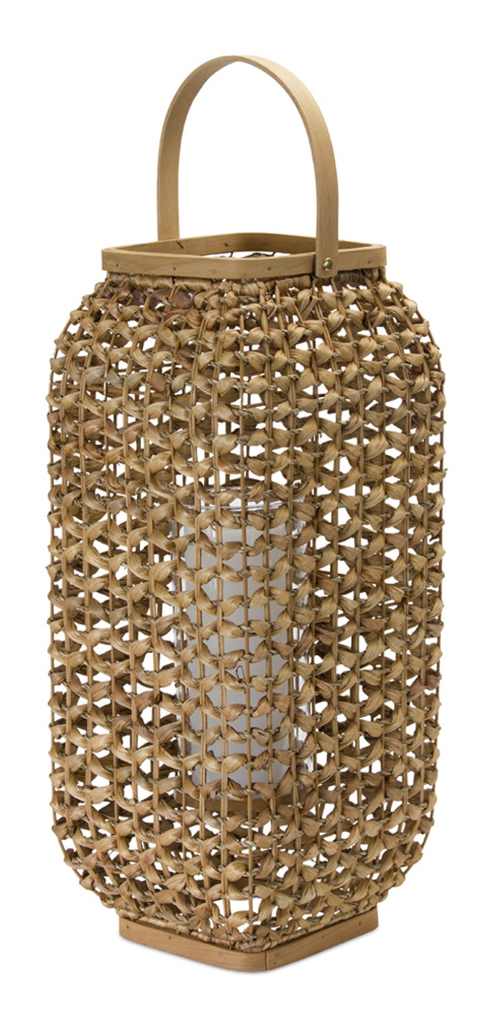 Homeroots 20" Natural Glass And Wicker Woven Floor Lantern Candle Holder   517599