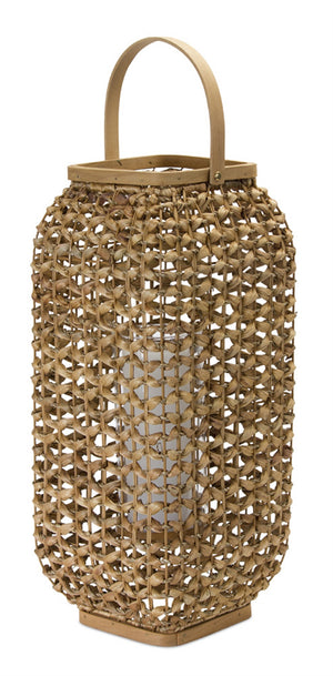 Homeroots 20" Natural Glass And Wicker Woven Floor Lantern Candle Holder   517599