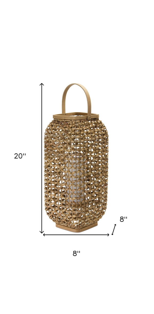 Homeroots 20" Natural Glass And Wicker Woven Floor Lantern Candle Holder   517599