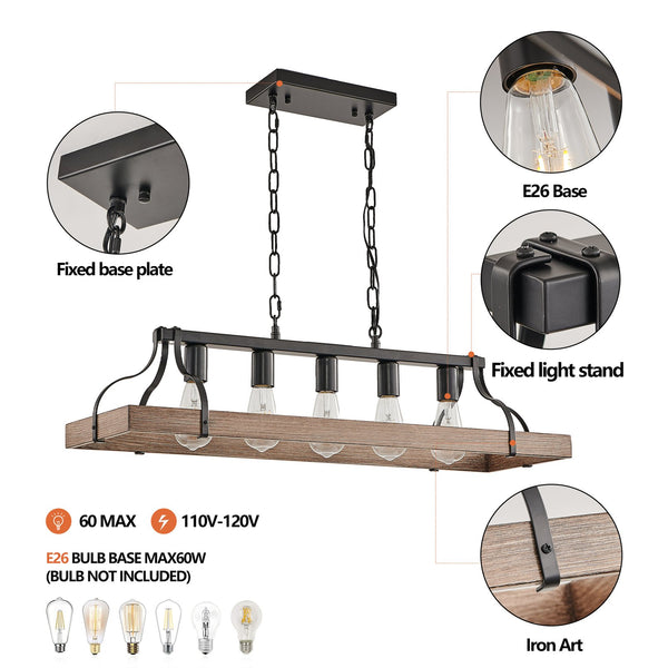 English Elm 34-Inch Industrial Pendant Light with 5 E26 Sockets, Adjustable Chain, Iron Linear Chandelier for Kitchen Walnut W2312P374834