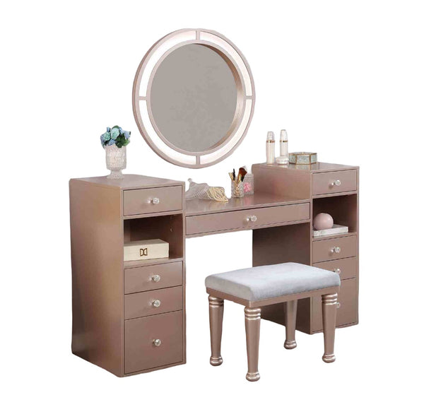 English Elm Glam Elegant Vanity Set with LED Mirror, Plush Stool, Ample Storage, Felt-Lined Drawers, Chic Finish Rosy 23 L x 18 W x 40 H B2741S00680