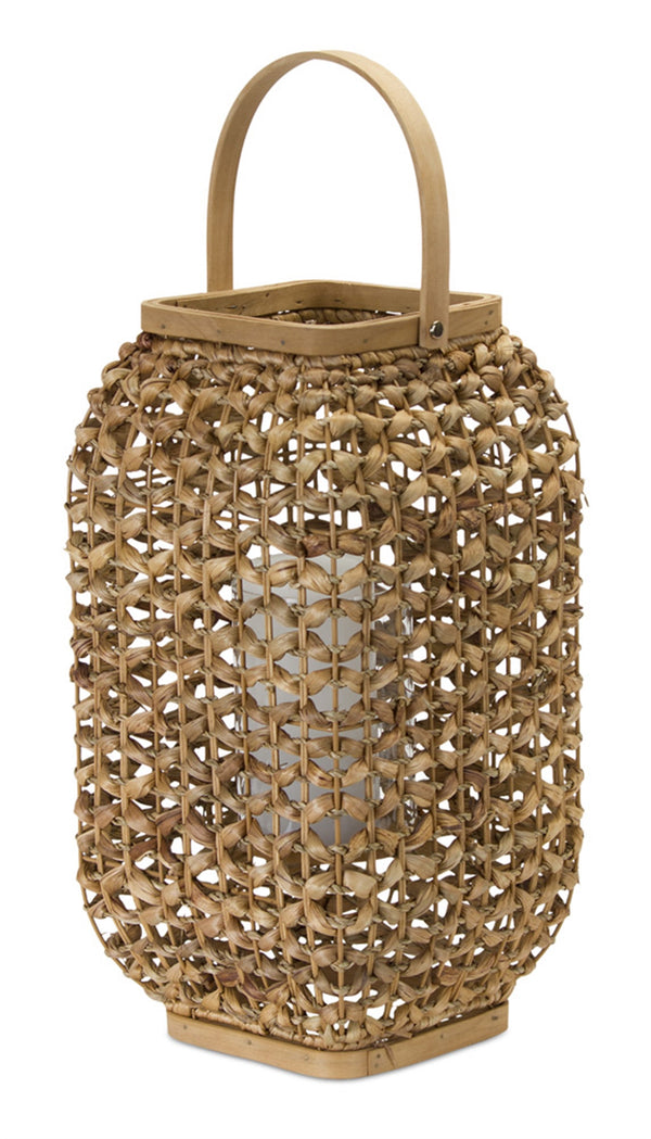 Homeroots 16" Natural Glass And Wicker Woven Floor Lantern Candle Holder   517600