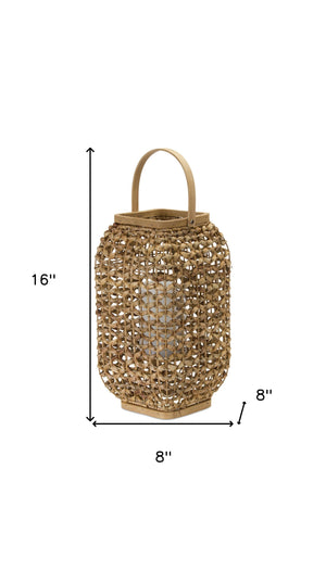 Homeroots 16" Natural Glass And Wicker Woven Floor Lantern Candle Holder   517600