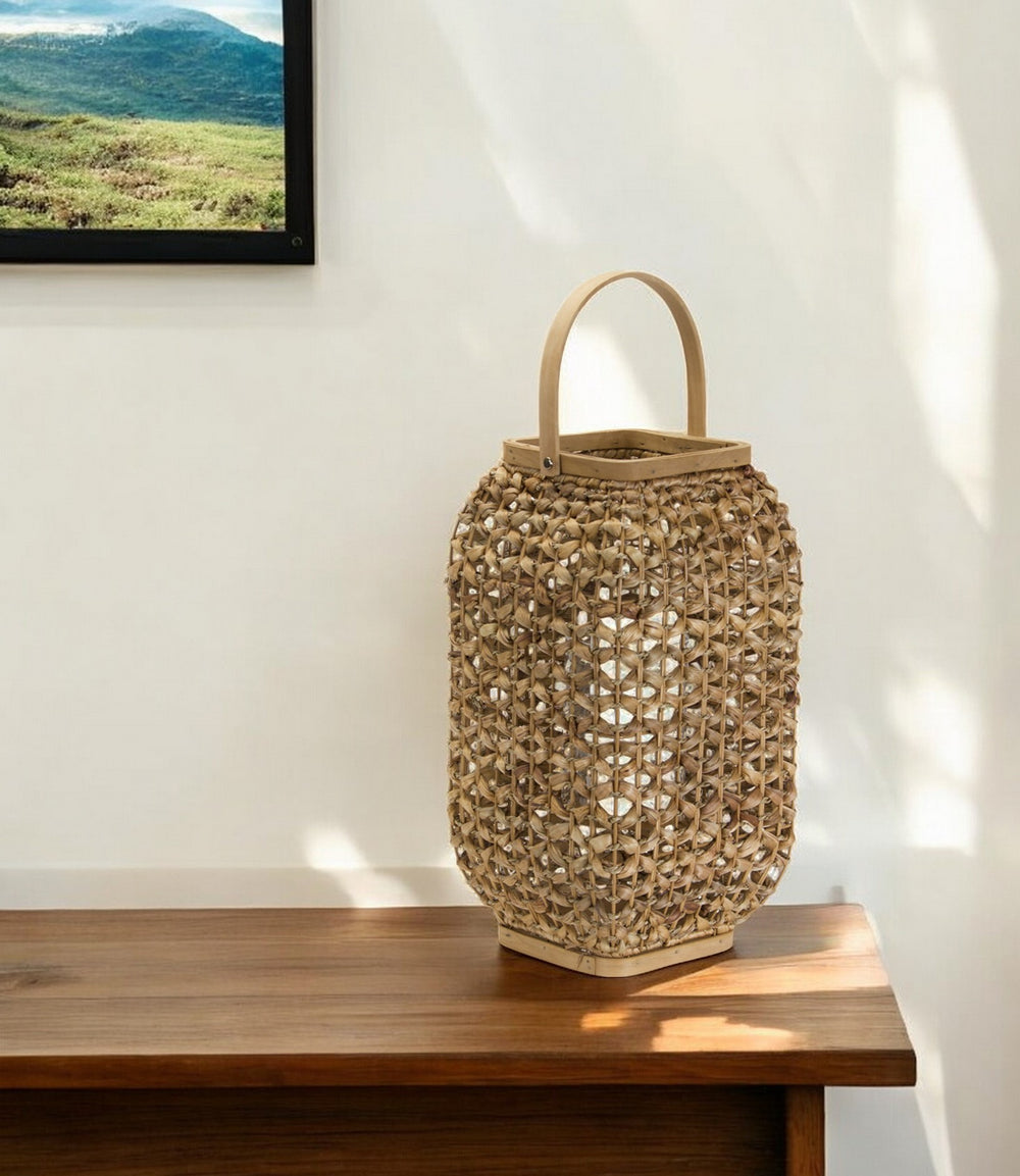 Homeroots 16" Natural Glass And Wicker Woven Floor Lantern Candle Holder   517600