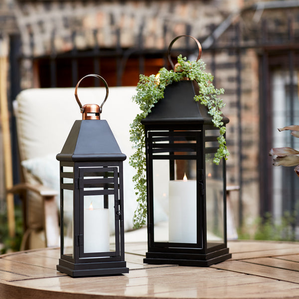Homeroots Set Of Two Black And Gold Glass And Metal Floor Lantern Candle Holders   517601