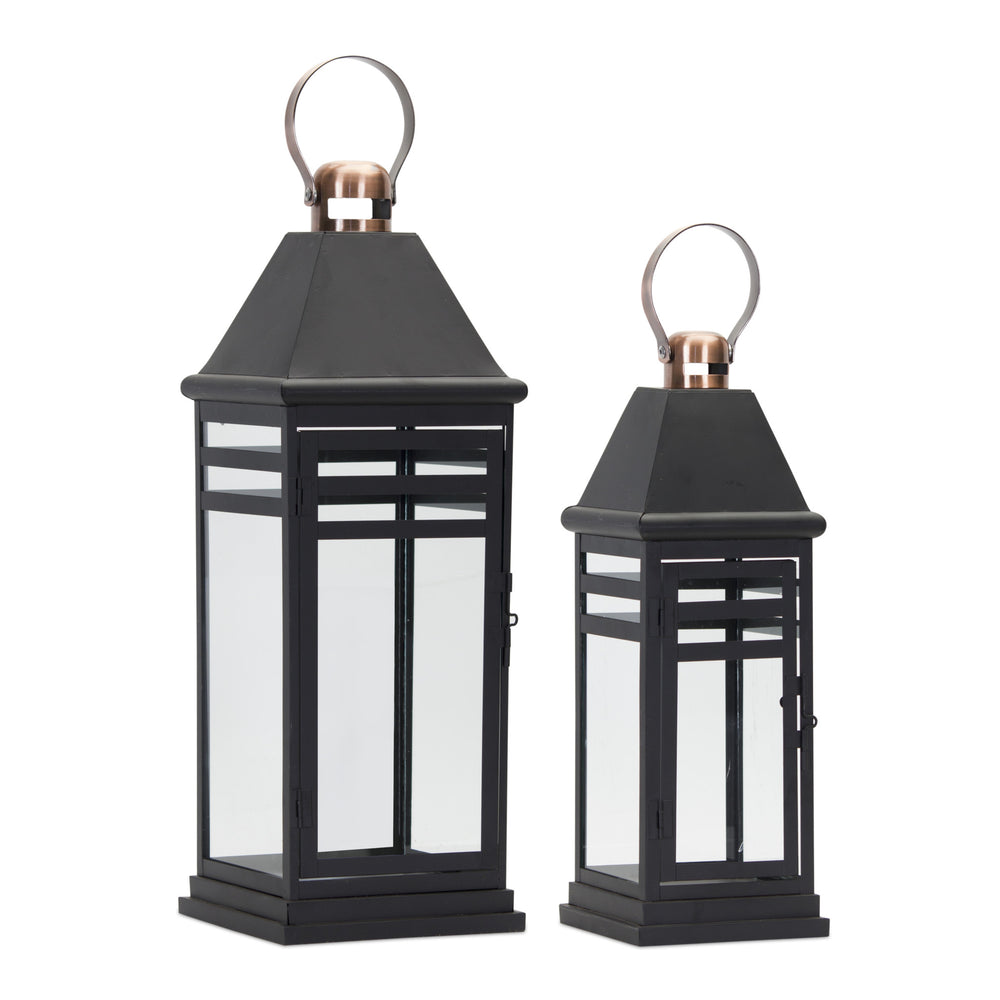 Homeroots Set Of Two Black And Gold Glass And Metal Floor Lantern Candle Holders   517601