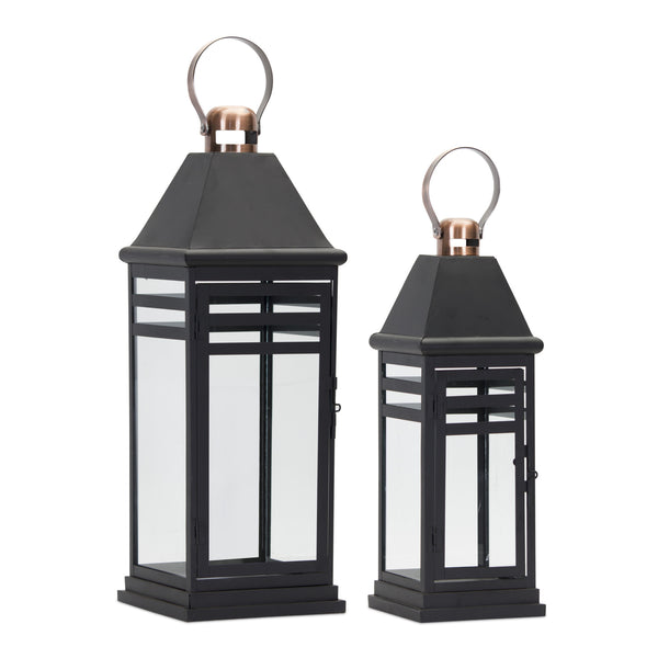 Homeroots Set Of Two Black And Gold Glass And Metal Floor Lantern Candle Holders   517601