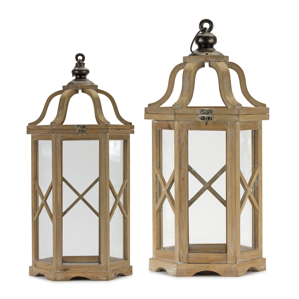 Homeroots Set Of Two Natural And Brown Wood And Metal Geometric Floor Lantern Candle Holders   517611
